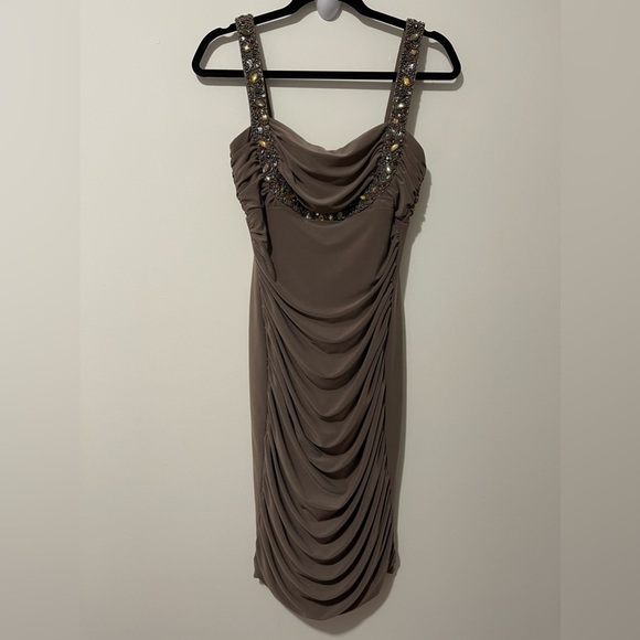 Joseph Ribkoff Brown Jeweled Bodycon Ruched Midi Dress in Size US 8 - Picture 1 of 8
